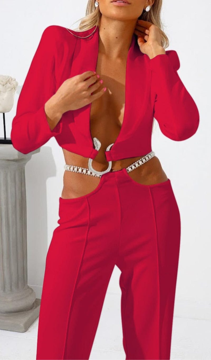 SNAKE BUCKLE WAISTBAND SUIT IN RED styleofcb 