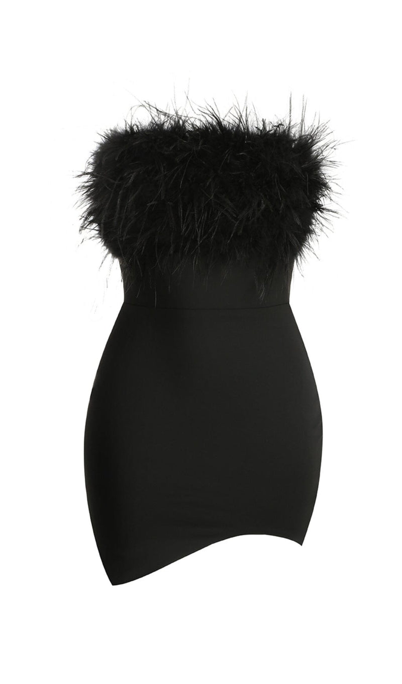 BLACK STRAPLESS FEATHER BODYCON MINI DRESS styleofcb 