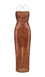 SEQUIN BACKLESS MAXI DRESS IN BROWN styleofcb 
