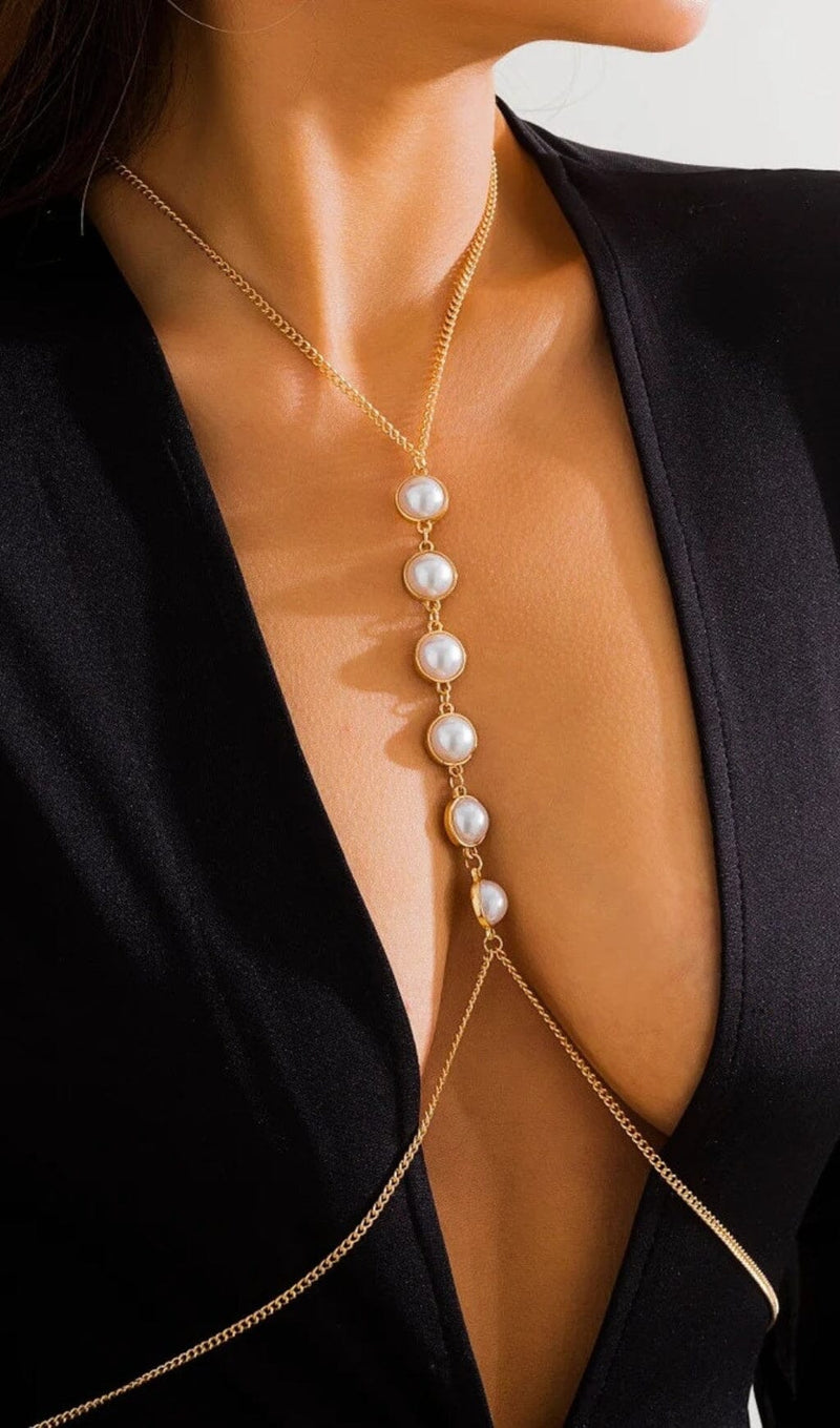 PEARL CROSSOVER CHEST BODY CHAIN IN GOLD blingmyfriend 
