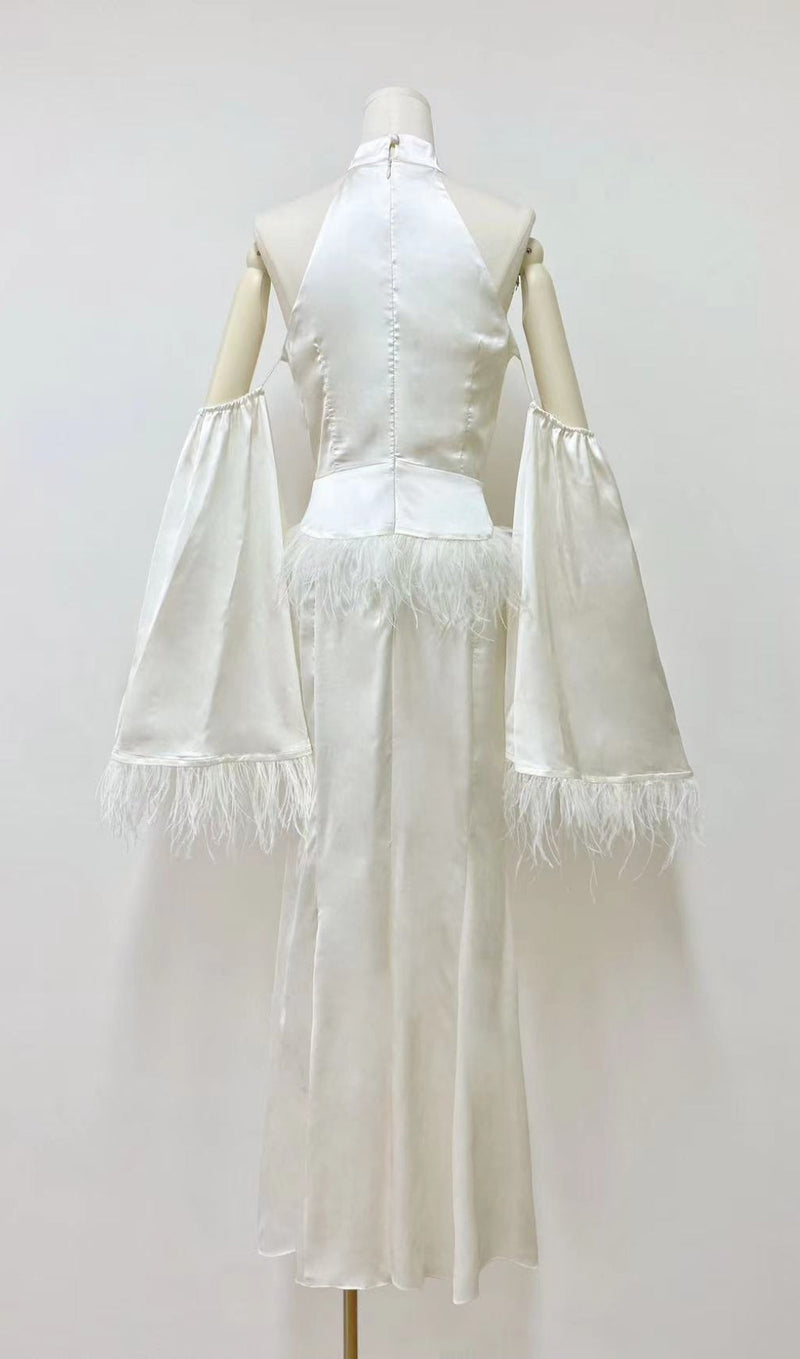 HALTERNECK FEATHER SATIN DRESS IN WHITE