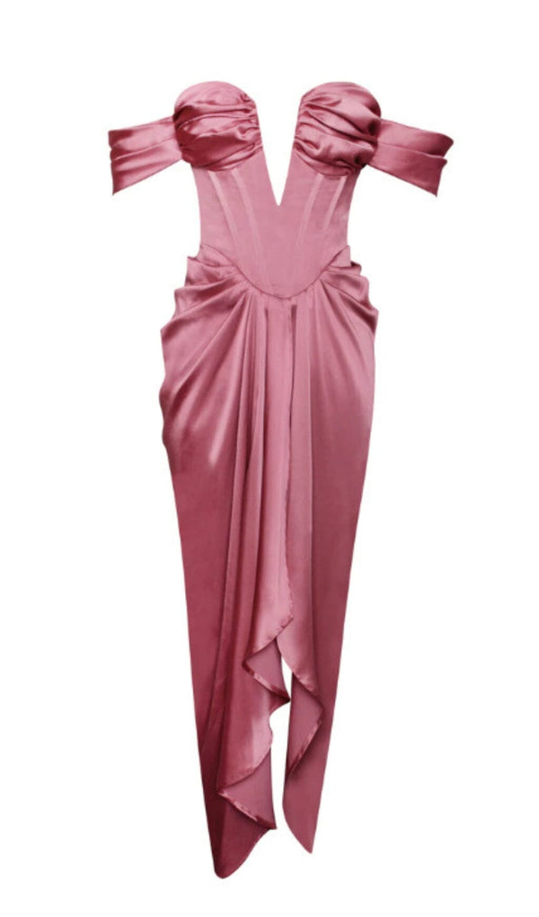 XOPHIA MAUVE PINK OFF SHOULDER SATIN CORSET HIGH SLIT DRESS Dresses styleofcb 
