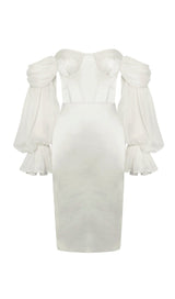 LYDIA PEARL WHITE SATIN OFF SHOULDER PUFF SLEEVE DRESS Dresses styleofcb 