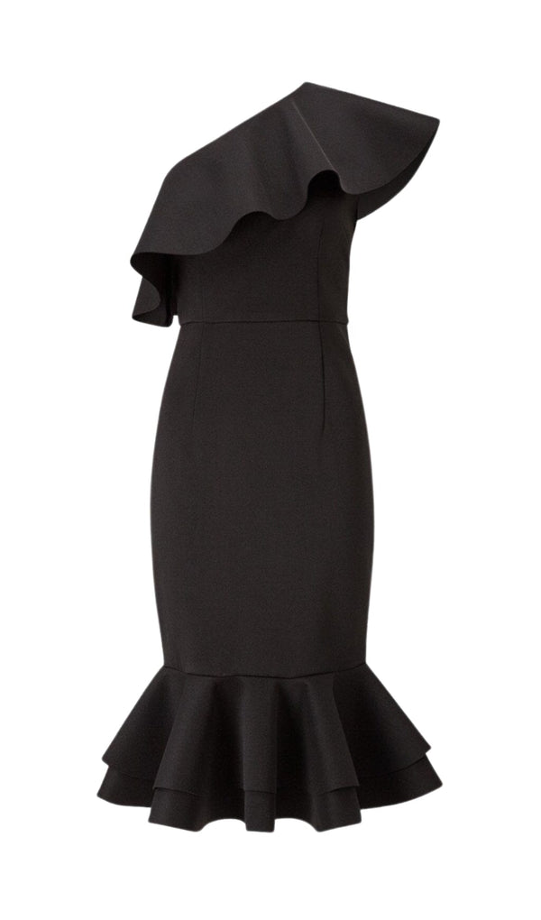 CROSS-SHOULDER RUFFLED FISHTAIL DRESS IN BLACK styleofcb 