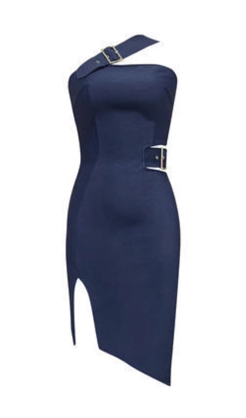 ONE-SHOULDER DRESS WITH DRILL BUCKLE SPLIT IN NAVY BLUE styleofcb 