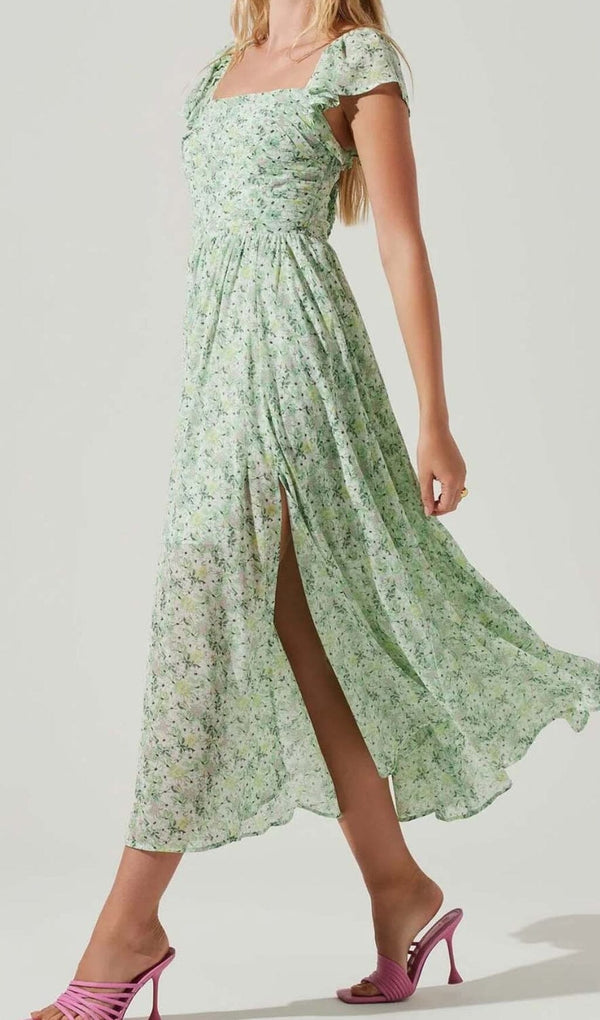 FLORAL COLD SLEEVE MIDI DRESS IN GREEN DRESS STYLE OF CB 