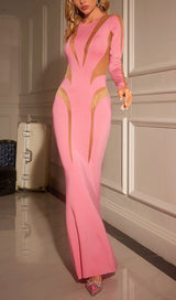 LONG SLEEVE MESH BODYCON MAXI DRESS IN PINK