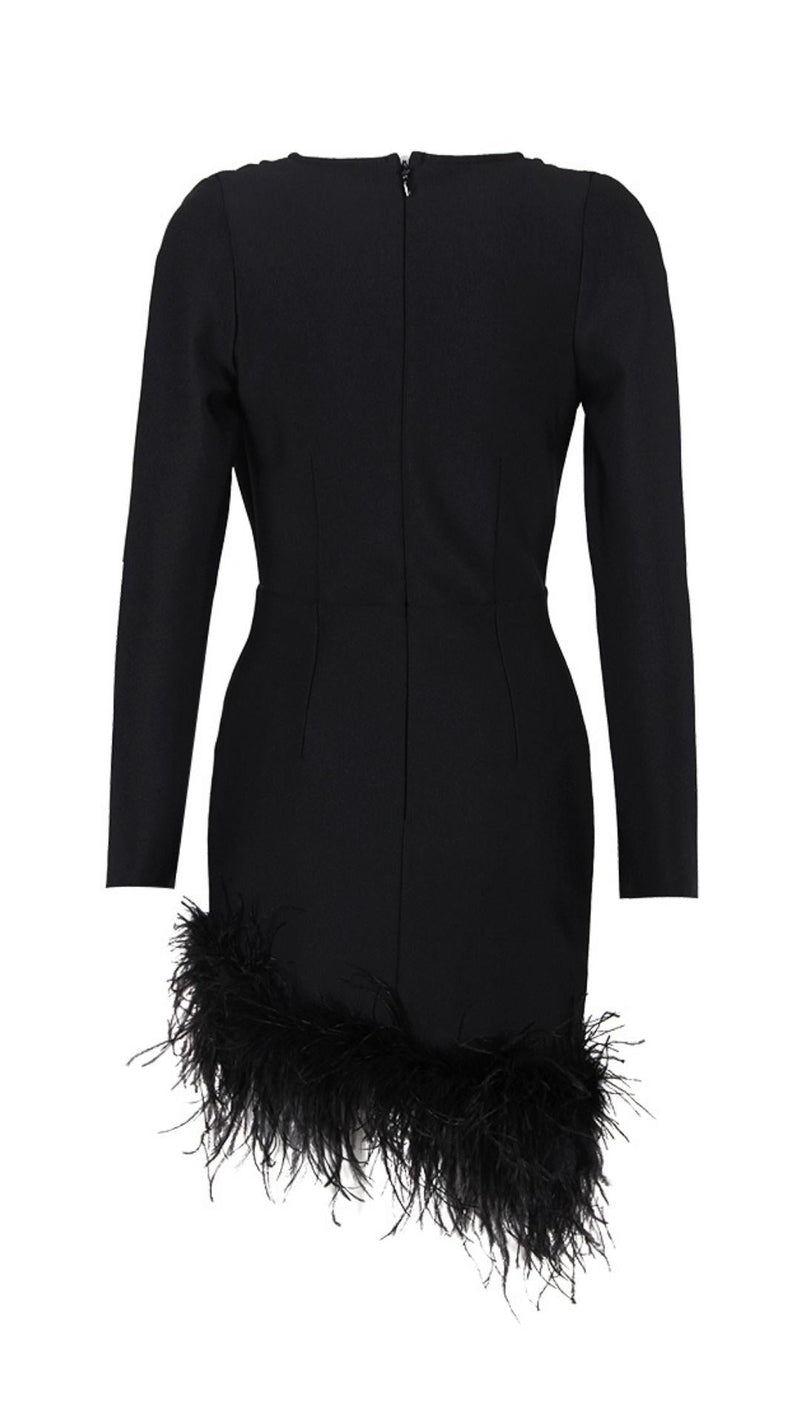 LONG SLEEVES FEATHER MINI DRESS IN BLACK styleofcb 