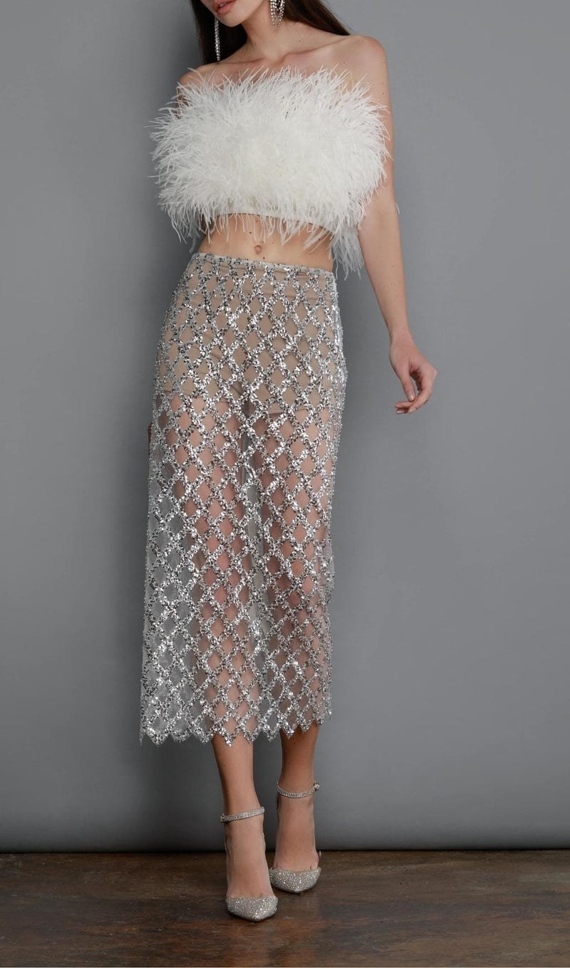 FEATHER SEQUIN TWO PIECE SET IN WHITE styleofcb 