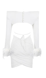 SHOULEDR PAD WAIST BARING FEATHER BLOUSE PLEATED DRESS IN WHITE styleofcb 