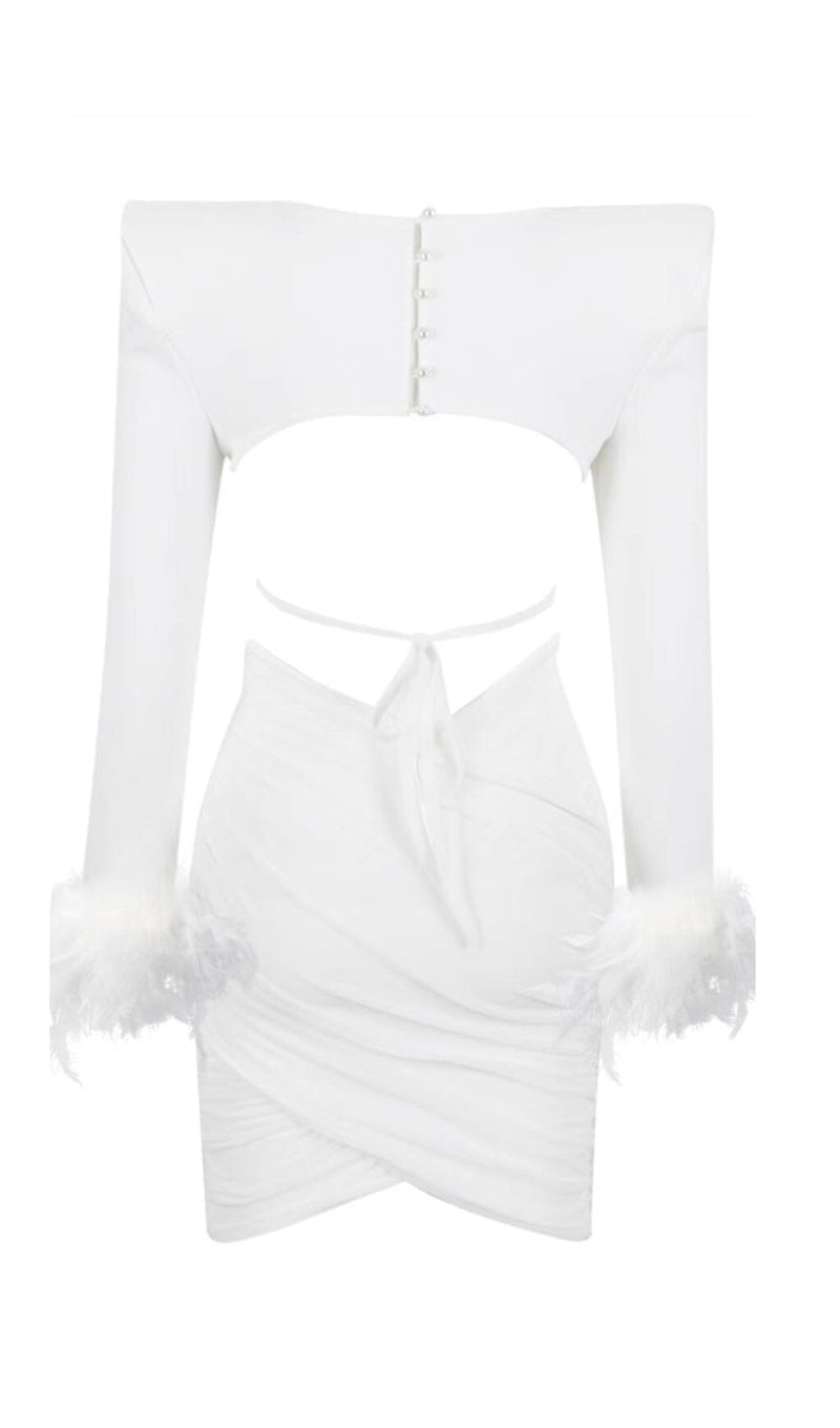 SHOULEDR PAD WAIST BARING FEATHER BLOUSE PLEATED DRESS IN WHITE styleofcb 