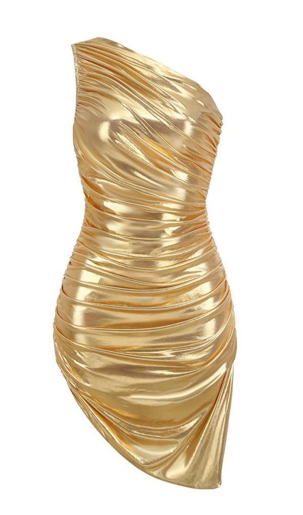 ONE SHOULDER RUCHED MINI DRESS IN GOLD Dresses styleofcb 