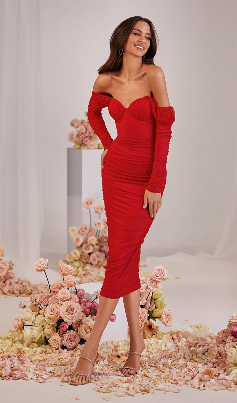 STRAPLESS STRAPLESS LACE MIDI DRESS IN RED DREESES styleofcb 