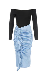 ONE-LINE SHOULDER LOTUS LEAF FISH TAIL DRESS IN BLACK AND BLUE SPLICED styleofcb 