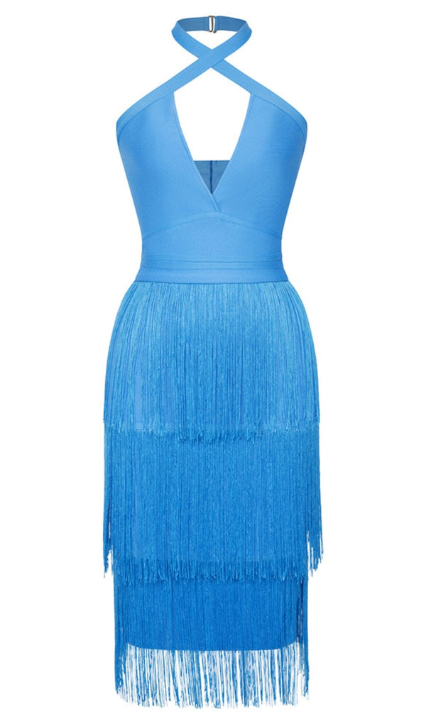 TASSEL HALTER BANAGE MIDI DRESS IN PURE BLUE DRESS styleofcb 