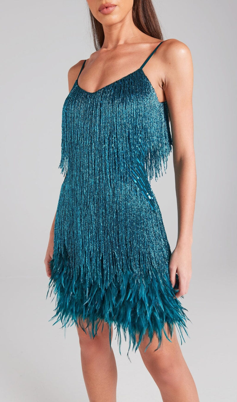 Tassel Feather Mini Dress In Emerald Dresses styleofcb 