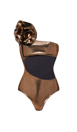 DIAGONAL CUTOUT FLOWER SWIMSUIT IN GOLD styleofcb 