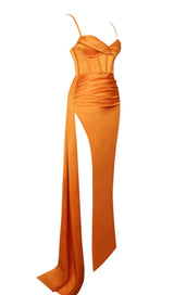 ELAYNA ORANGE STRAPPY SATIN CORSET HIGH SLIT GOWN Dresses styleofcb 