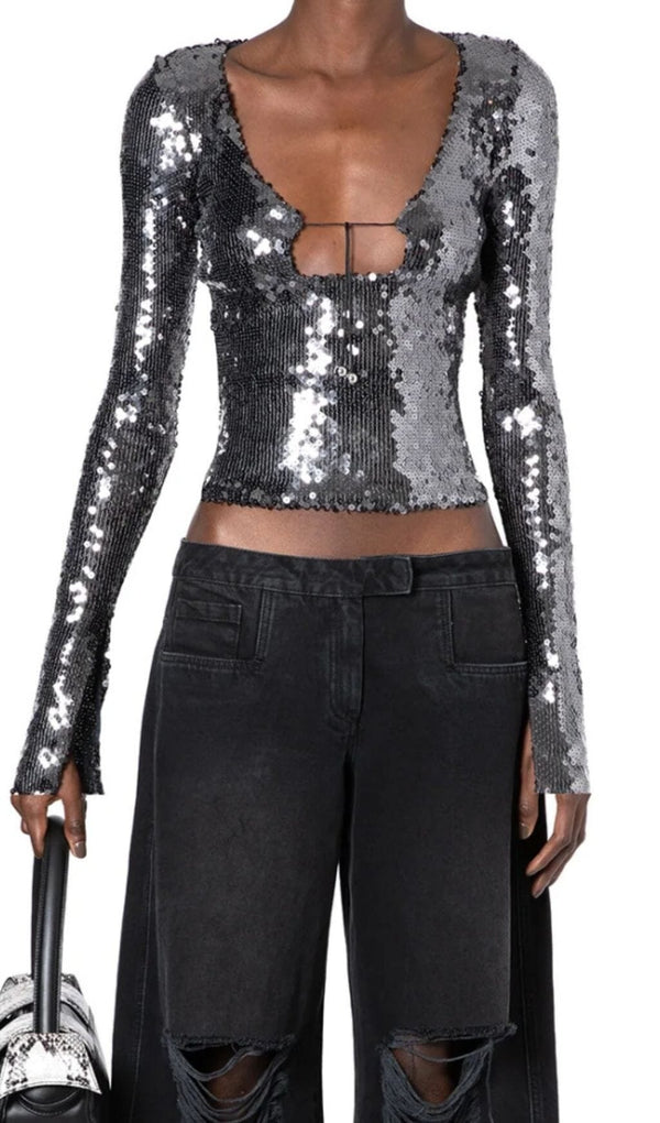 ANTHRACITE SEQUINED STRETCH-TULLE TOP TOP styleofcb 