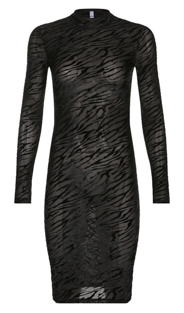 ZEBRA-PATTERN LONG-SLEEVED MIDI DRESS IN BLACK styleofcb 