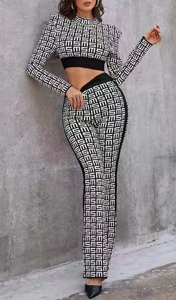 MONOGRAM PRINTED SHOULDER PAD SUIT IN WHITE AND BLACK styleofcb 