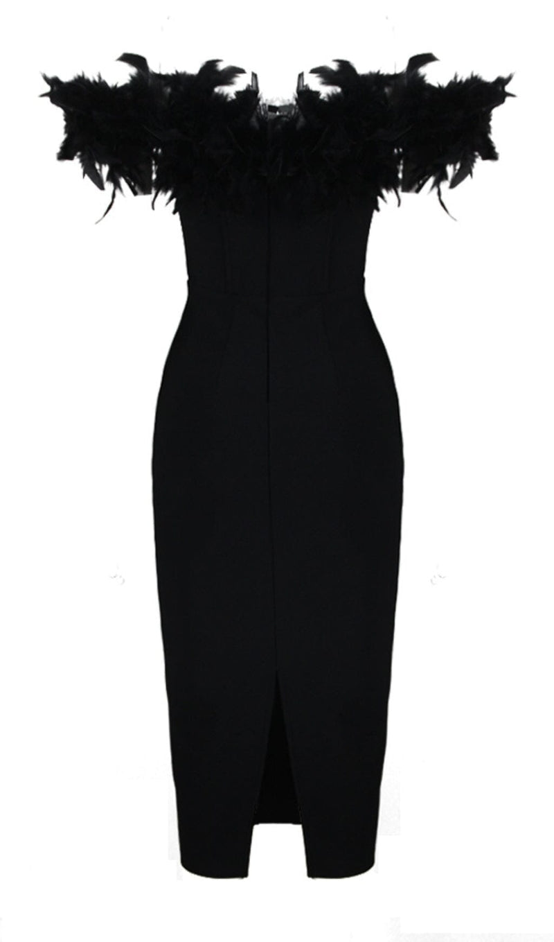 FEATHER PLUNGE MIDI DRESS IN BLACK DRESS STYLE OF CB 