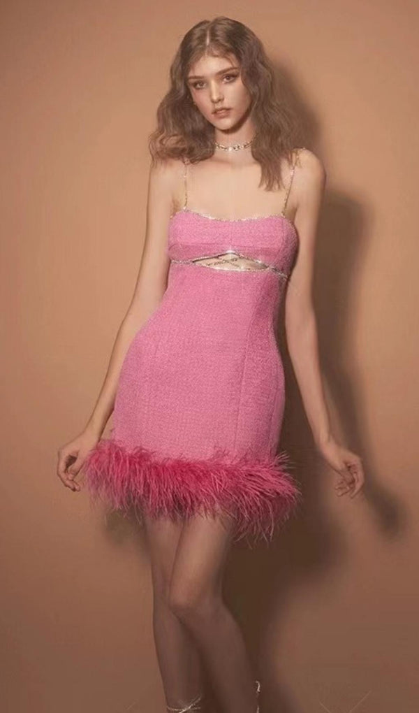 CUT OUT CRYSTAL FEATHER MINI DRESS IN HOT PINK Dresses styleofcb 