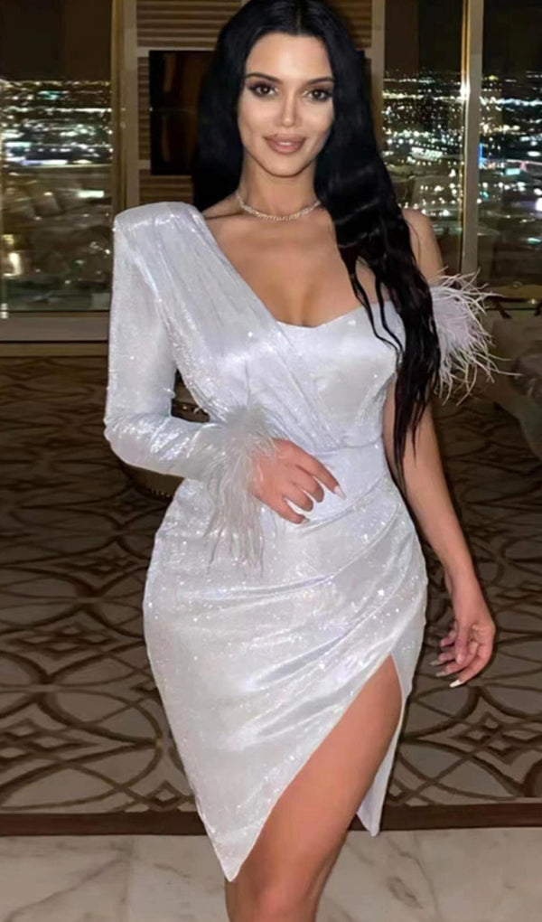 LONG SLEEVE SEQUIN FEATHER MINI DRESS IN SILVER styleofcb 