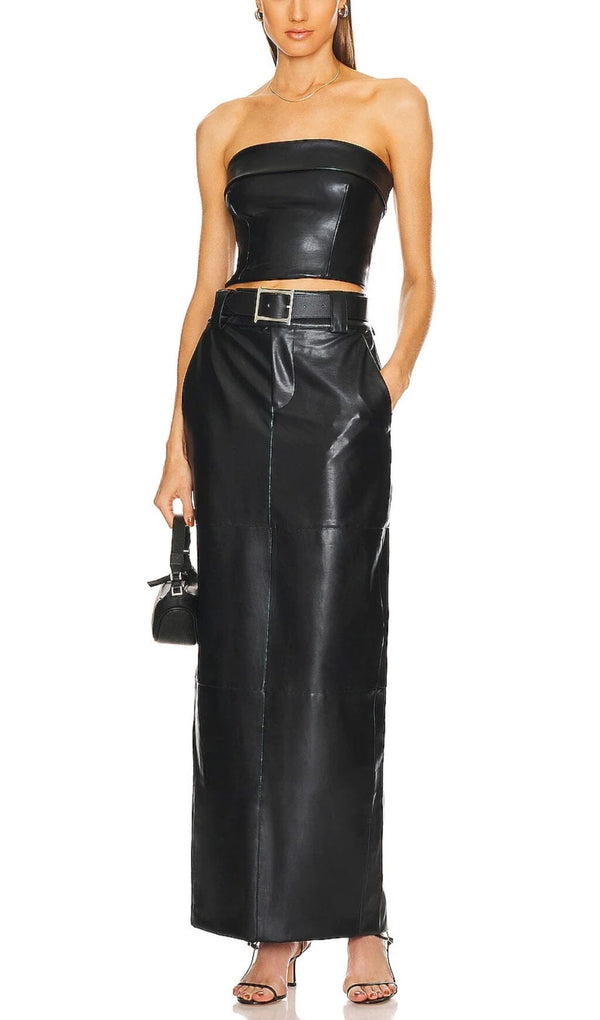 TWO-PIECE MATTE LEATHER TOP WITH BELT DRESS IN BLACK styleofcb 