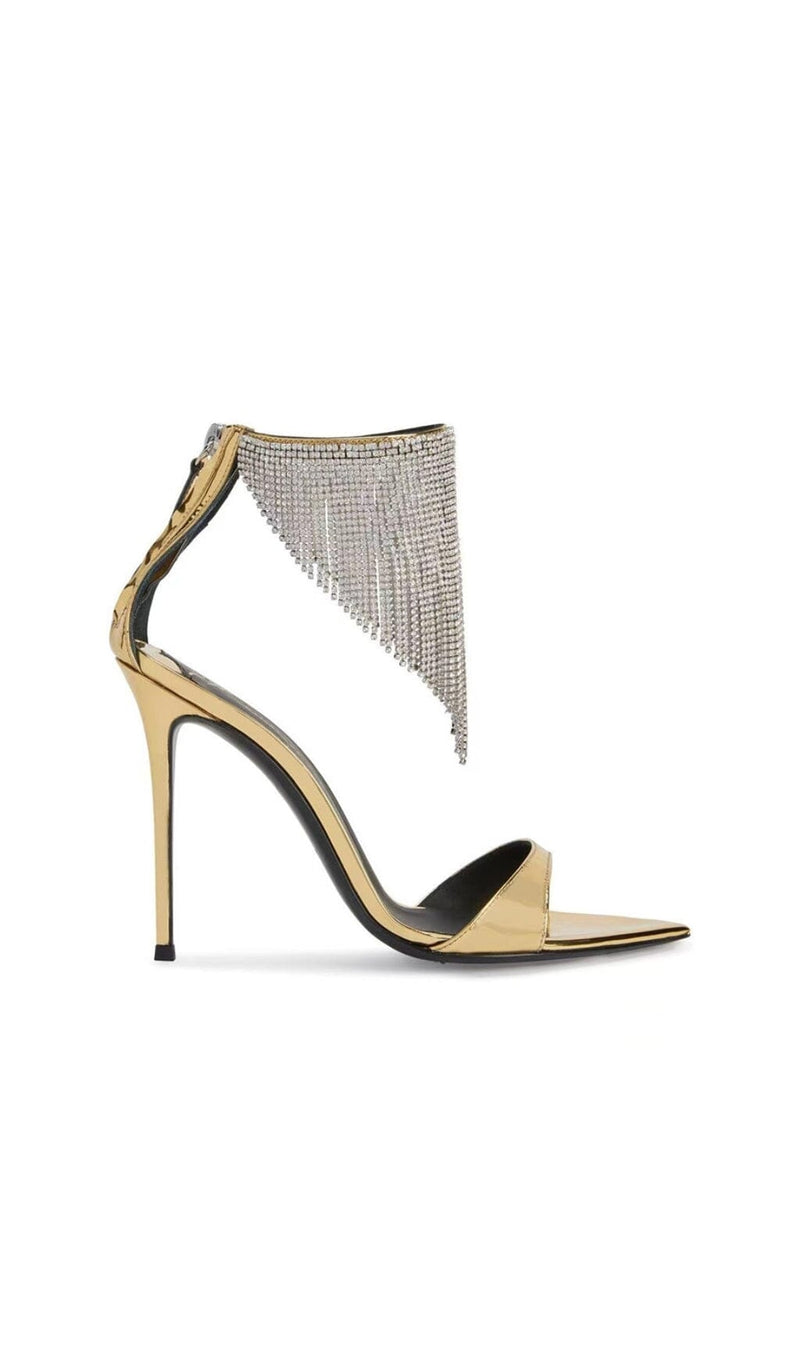 CRYSTAL TASSEL HEELS IN GOLD Shoes styleofcb 