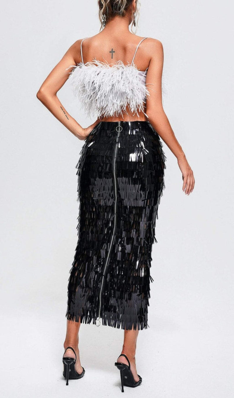 FEATHER TOP SEQUIN MIDI DRESS IN BLACK DRESS STYLE OF CB 