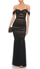 OFF SHOULDER MESH RUCHED MAXI DRESS Dresses Oh CICI 