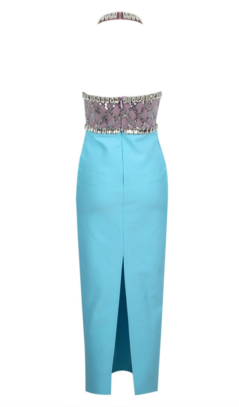 RHINESTONE PLUNGE MIDI DRESS IN TURQUOISE DRESS STYLE OF CB 