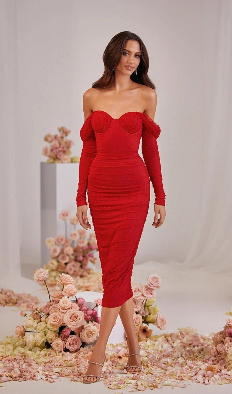 STRAPLESS STRAPLESS LACE MIDI DRESS IN RED DREESES styleofcb 