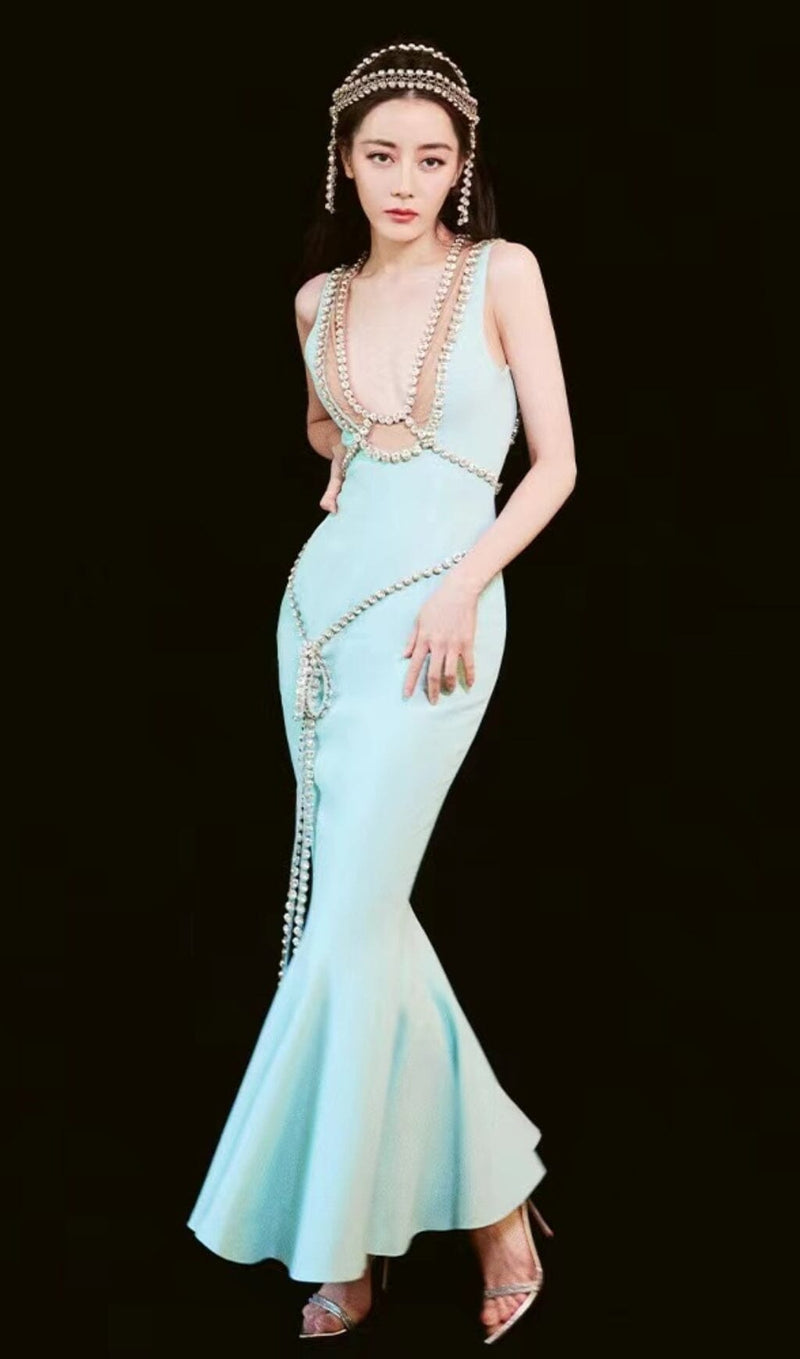 BANDAGE FISHTAIL SLEEVELESS HIGH WAIST MAXI DRESS IN AQUAMARINE styleofcb 