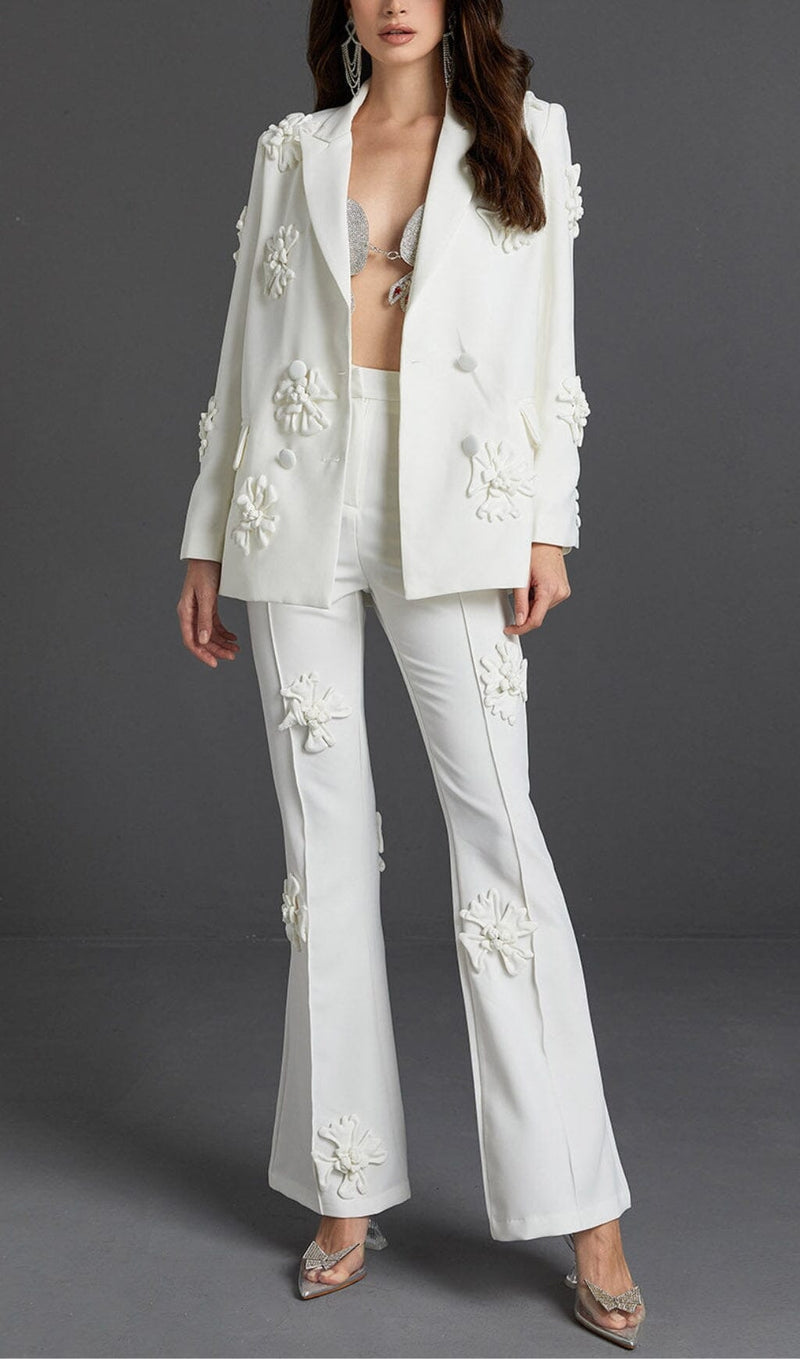 DOUBLE-BREASTED THREE DIMENSIONAL FLORAL SUIT JACKET IN WHITE styleofcb 