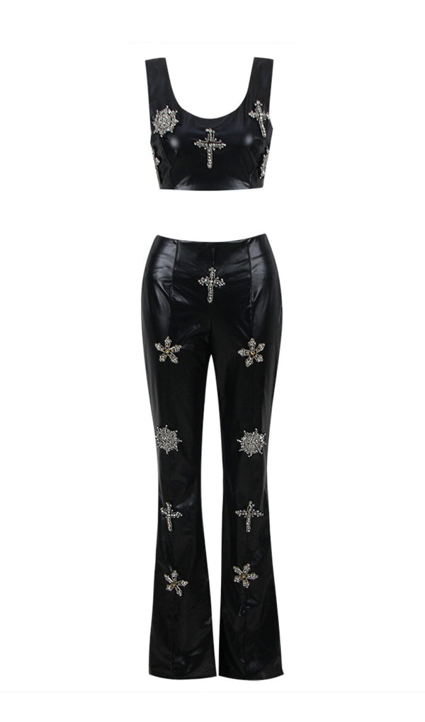 CRYSTAL EMBELLISHMENTS LEATHER TWO PIECE SUIT IN BLACK styleofcb 