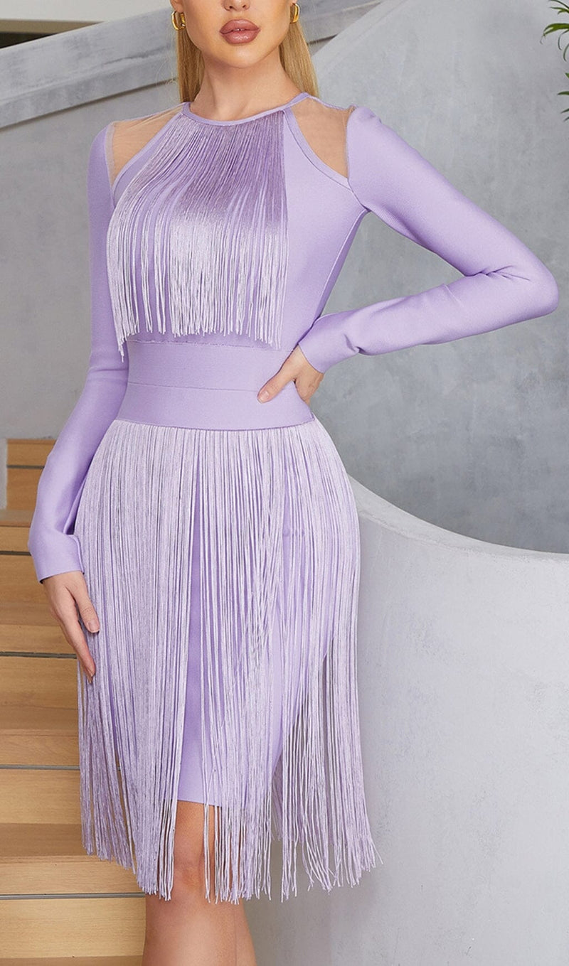 HOLLOWED-OUT SHOULDER FRINGED DRESS IN PURPLE styleofcb 