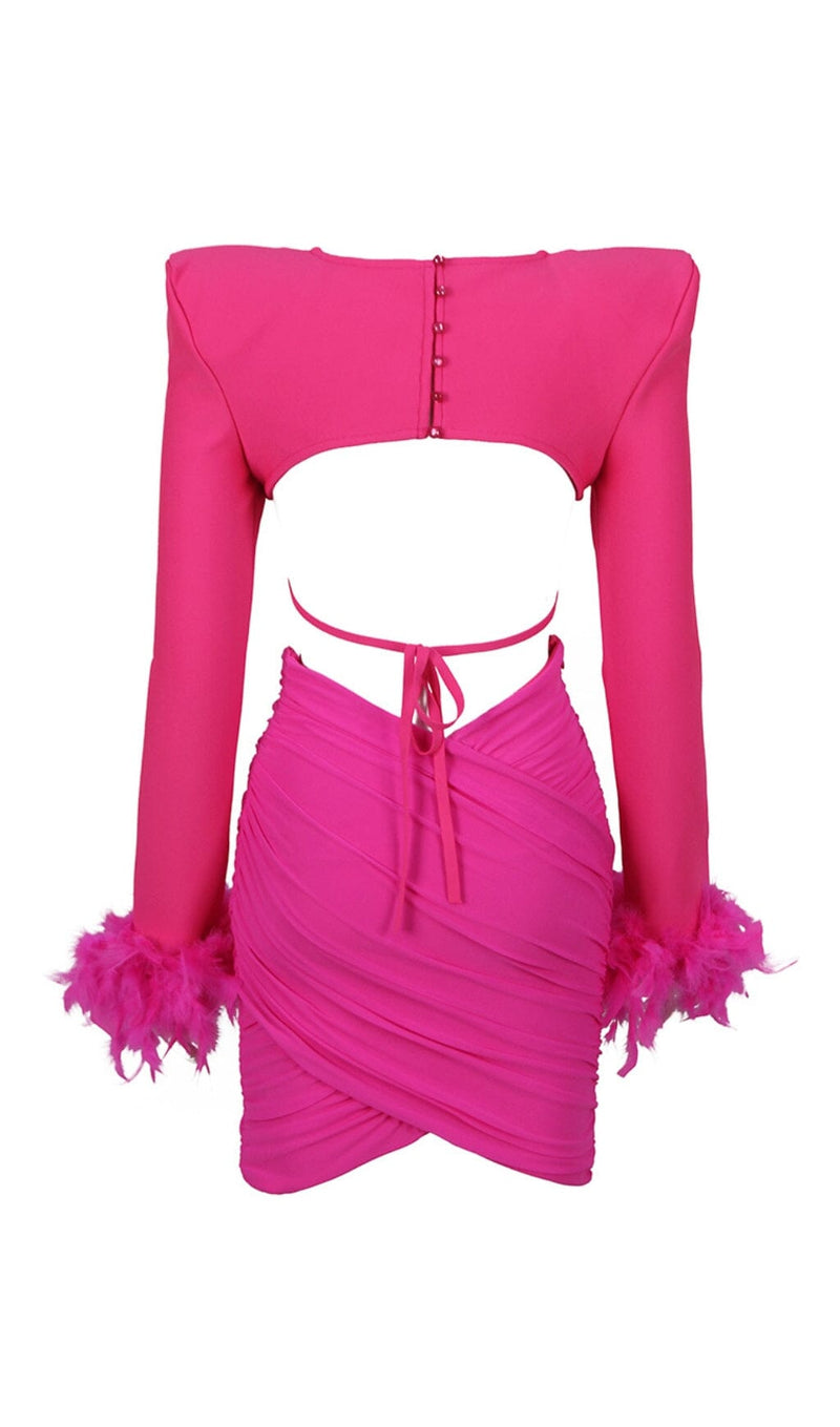 SHOULEDR PAD WAIST BARING FEATHER BLOUSE PLEATED DRESS IN PINK styleofcb 