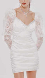PLEATED DRESS WITH LACE PUFFED SLEEVES IN WHITE styleofcb 