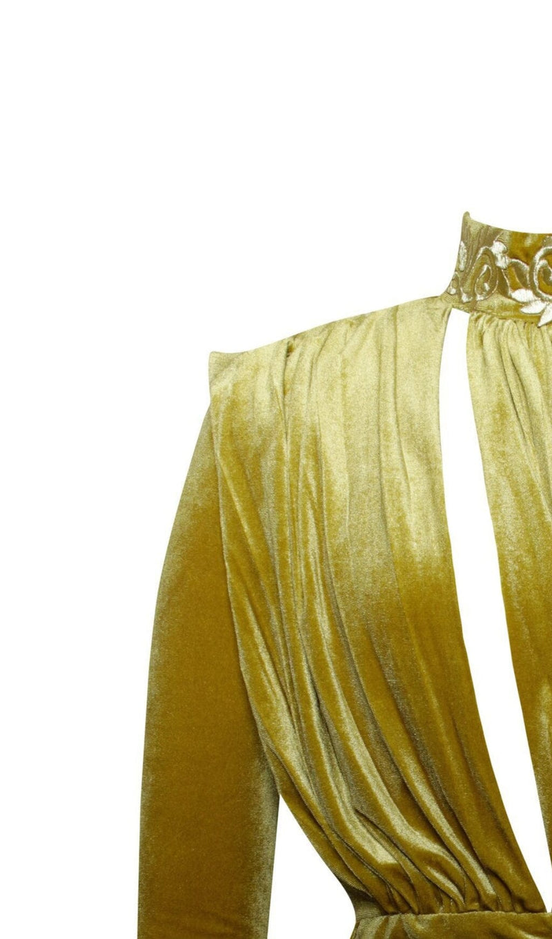 Gracyn Gold Cutout Long Sleeve Draping Velvet Dress Dresses styleofcb 