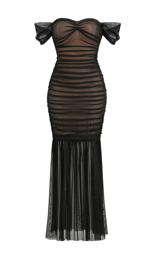 OFF SHOULDER MESH RUCHED MAXI DRESS Dresses Oh CICI 