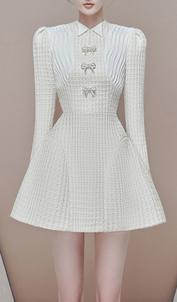 LONG SLEEVE BOW A-LINE MINI DRESS IN WHITE