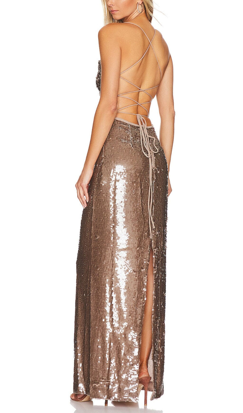 SEQUIN BACKLESS MAXI DRESS IN BROWN styleofcb 