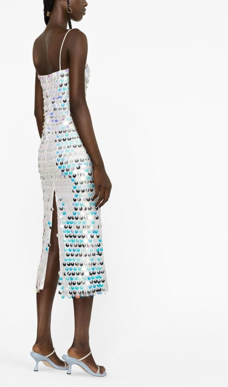 SEQUIN-EMBELLISHED SLEEVELESS MIDI DRESS IN BLUE DRESS STYLE OF CB 