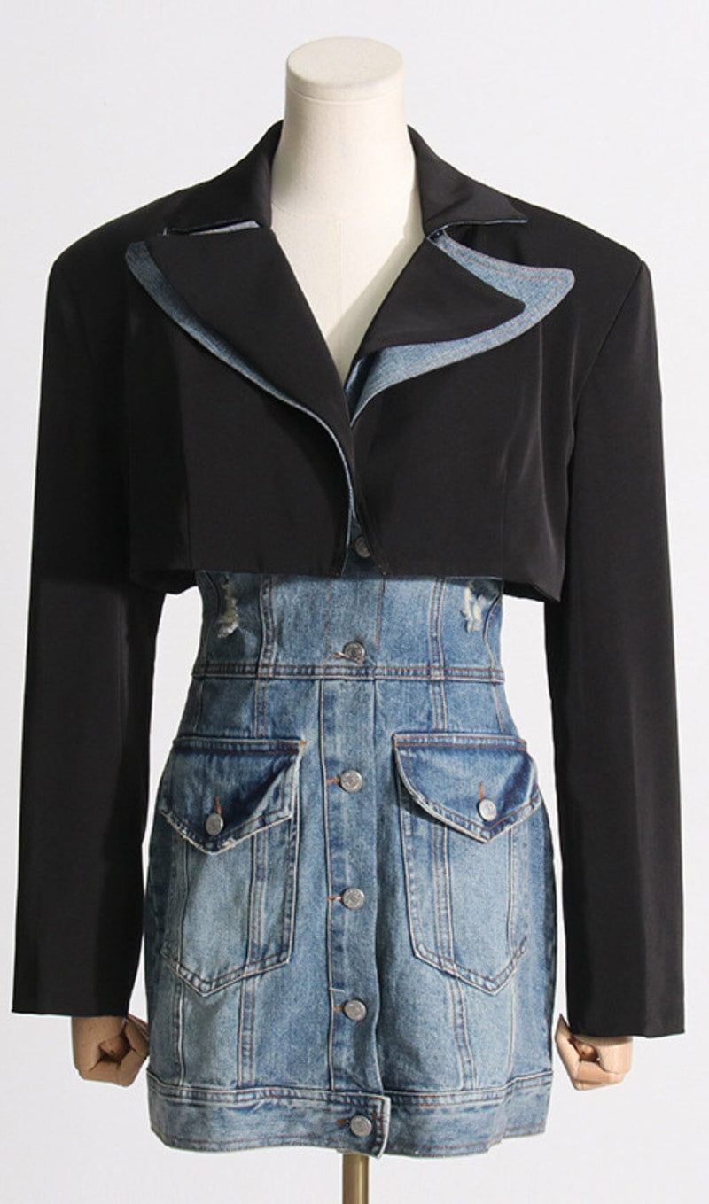 SUIT COLLAR PATCHWORK DENIM TWO-PIECE SUIT styleofcb 