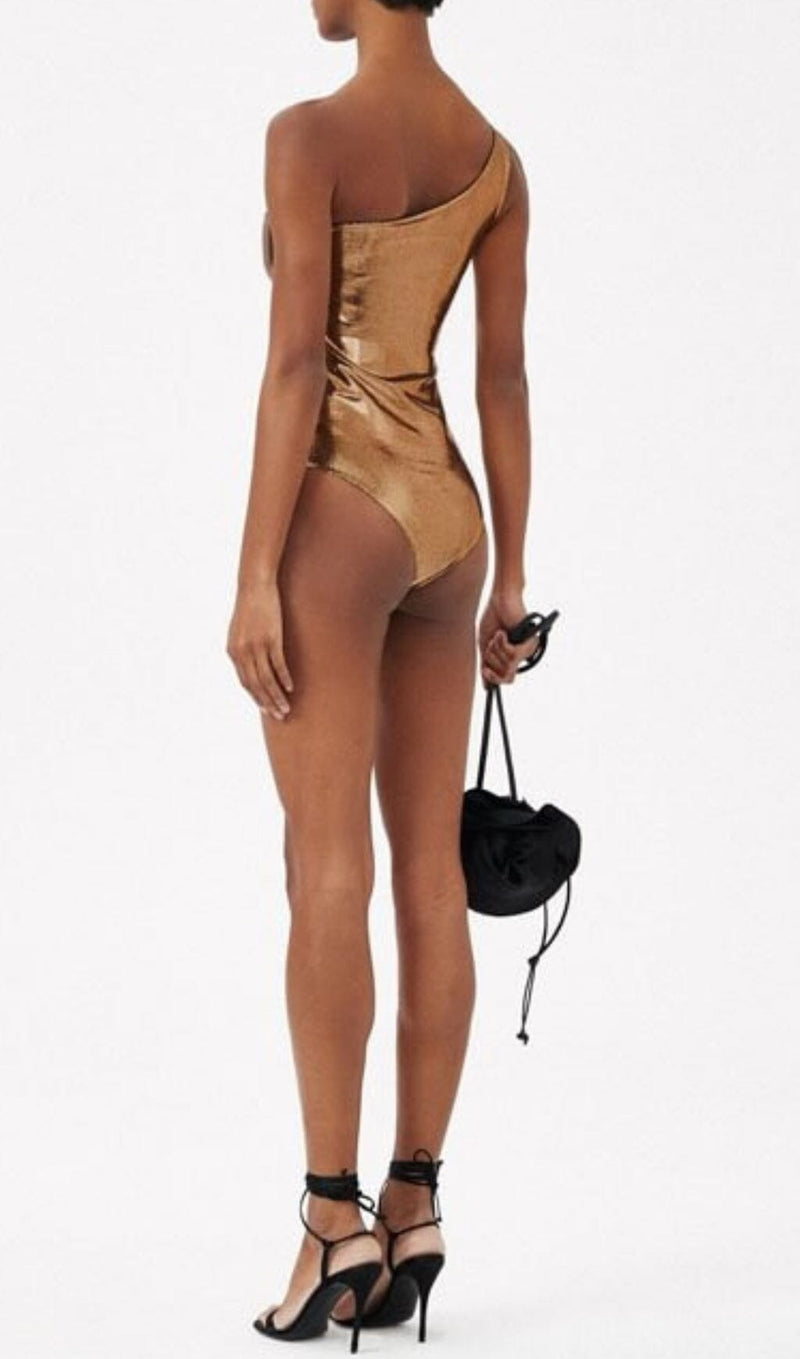 DIAGONAL CUTOUT FLOWER SWIMSUIT IN GOLD styleofcb 