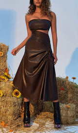 STRAPLESS CUTOUT LEATHER MIDI DRESS