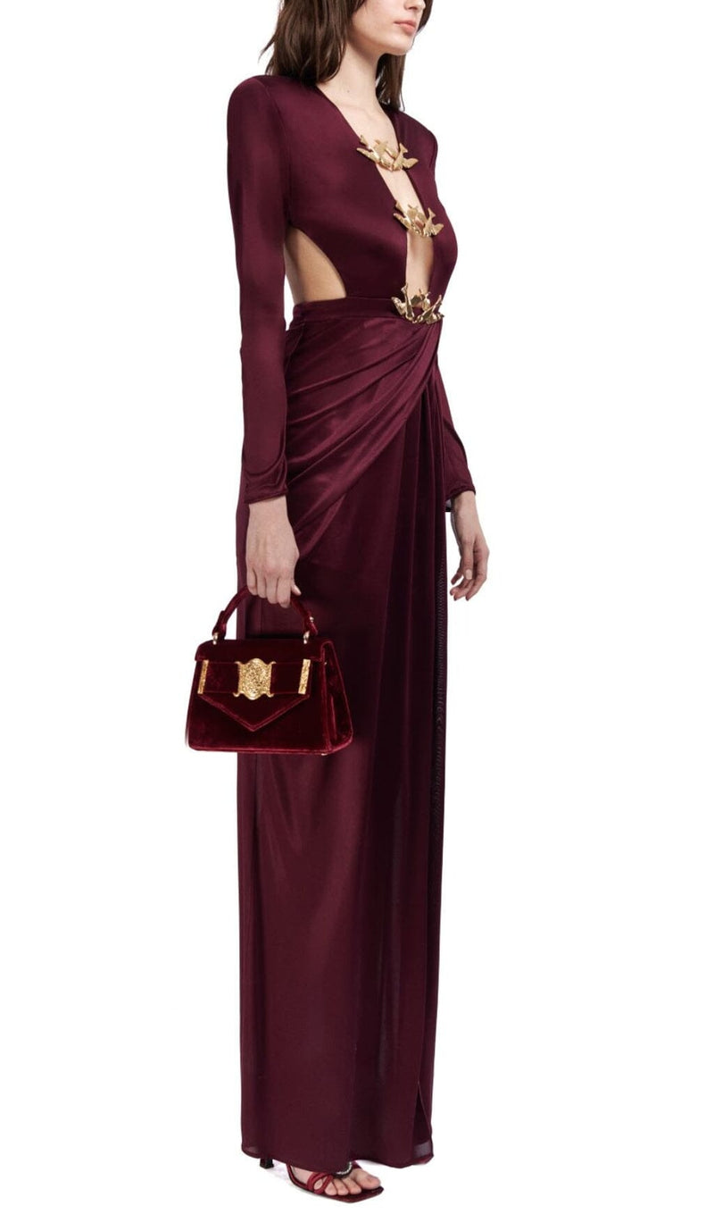 SATIN HOLLOW OUT LONG SLEEVE MAXI DRESS IN RED styleofcb 