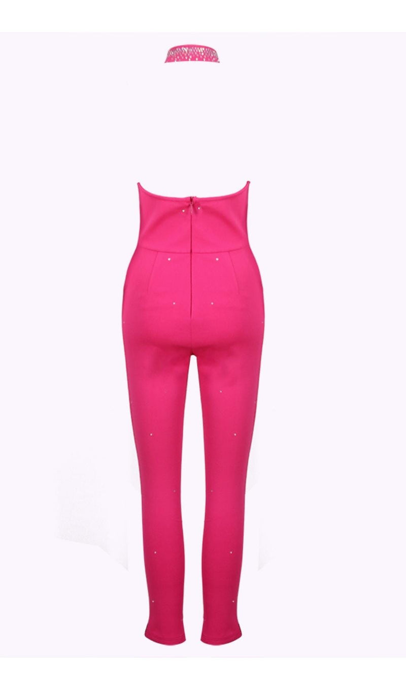 HALTER NECK CRYSTAL BACKLESS JUMPSUITS IN PINK BODYSUITS & JUMPSUITS styleofcb 